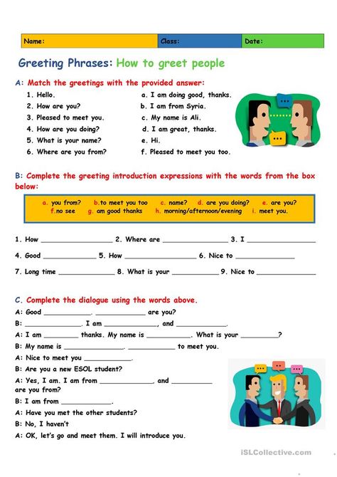 Greeting Phrases: How to Greet People - English ESL Worksheets for distance learning and physical classrooms English Conversation Worksheets, English Conversation For Kids, English Primary School, Speaking Cards, English Conversation Learning, Language Tips, English Club, English Teaching Materials, English For Beginners