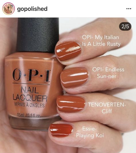 Shellac Nails Fall Autumn, Opi Autumn Colours, Soft Autumn Color Palette Nail Polish, Opi My Italian Is A Little Rusty, Fall Fingernails Designs, Terracotta Nails Color, Opi Burnt Orange Nail Polish, Opi Fall Gel Colors, Opi Gel Polish Colors Fall 2023