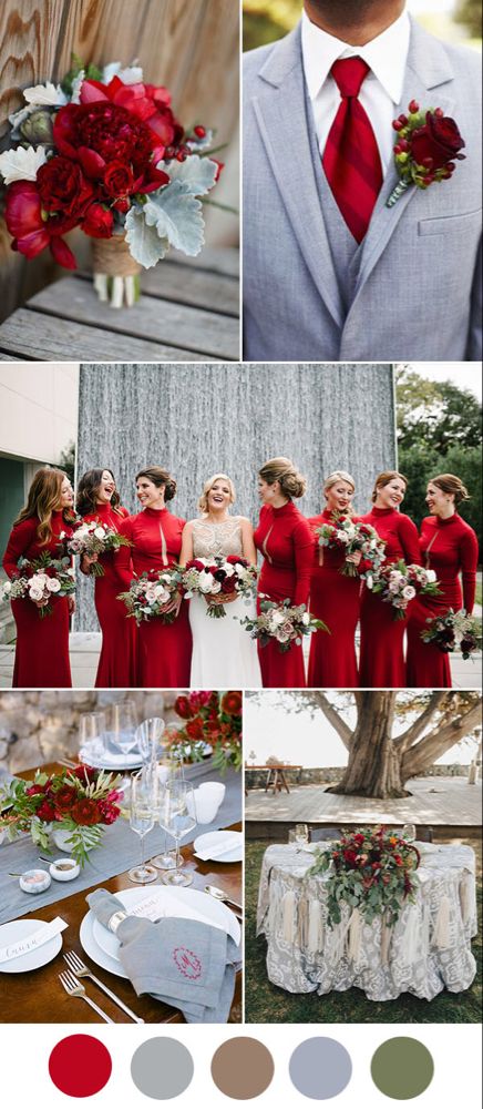 Crimson red and grey classic wedding colors Wedding Color Schemes Red, Crimson Wedding, Grey Wedding Theme, Spring Wedding Outfit, Wedding Color Palettes, Wedding Colors Red, Red And White Weddings, Red Wedding Theme, White Wedding Theme