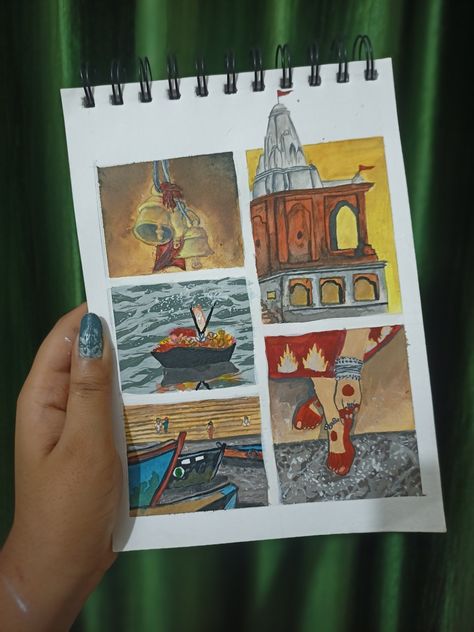 painting consists of 5 smaller paintings consisting bells, temple, ganga ghat Ghat Painting, Ganga Ghat, Poster Drawing, School Posters, Varanasi, Drawing Poses, Aesthetic Art, Drawings, Art