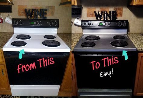 See how I did it here: https://melissadoyledesigns.com/how-to-paint-appliances-to-a-stainless-steel-color/ Paint Stove Stainless Steel, Paint Oven Diy, How To Paint A Stove Diy, Painted Stove Diy, How To Paint A Stove, Stainless Steel Paint For Appliances, Painting Appliances Diy, Painting Oven, Paint Dishwasher