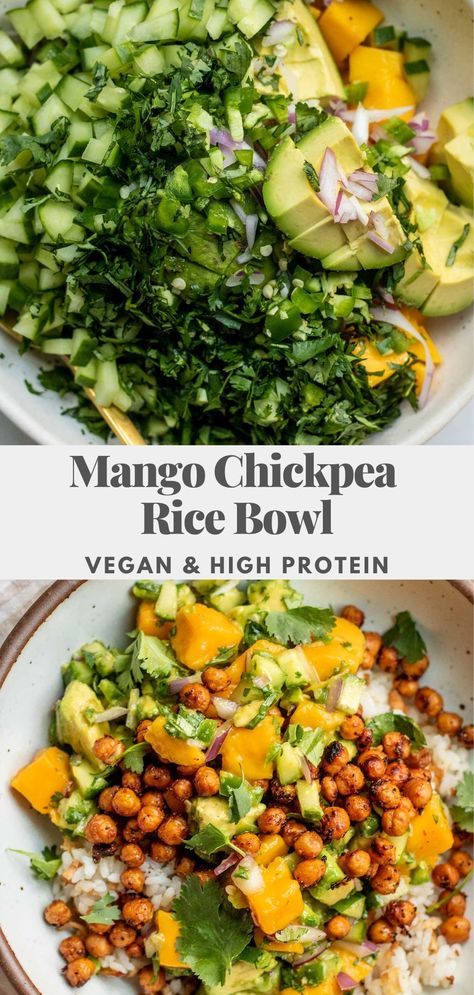 This Mango Chickpea Salad is packed with protein and fresh citrusy flavor. Served over high protein tofu rice to make this easy weeknight meal super satisfying. Tofu Rice, Tasty Vegetarian Recipes, Chickpea Salad, Easy Weeknight, Summer Dinner, Rice Bowl, Vegetarian Dinner, Vegan Dinner Recipes, High Protein Recipes