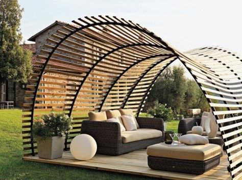 Dome  This option can be made in numerous different ways, but it’s still a great idea for blocking out the annoying sun! Build it up and around your patio and make it out of whatever material you want. Just make sure it’s sturdy enough to not collapse on you and your guests! Creative Shade Ideas Outdoor, Sun Blocking Patio Ideas, Cool Outdoor Furniture, Shade Design Outdoor, Shade Ideas For Backyard, Garden Shade Ideas, Outdoor Shade Ideas, Patio Shade Ideas, Cabana Tent