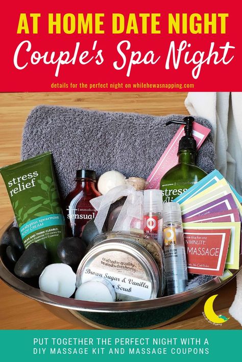 An at home spa date night will leave you and your sweetie feeling relaxed, reconnected and rejuvenated. Massage coupons and oils are just the beginning.    #datenightideas #dateideas #athomedatenight #athomedateideas #spanight Couples Spa Night, Spa Date Night, Spa Date, Vanilla Scrub, Massage Kit, Diy Massage, At Home Date Night, Couples Spa, Home Date Night