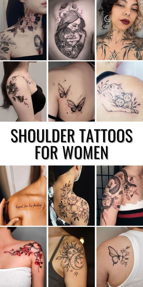 Women Floral Shoulder Tattoo, Shoulder Tattoos For Women Unique With Meaning, Feminine Clavicle Tattoos, Tattoos For Shoulders Women, Sleeve Shoulder Tattoos For Women, Shoulders Tattoo Women, Tattoo Ideas Upper Arm Women, Majestic Tattoos For Women, Shoulder Chest Tattoos For Women