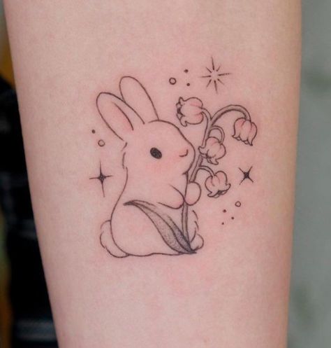 Bunny Holding Flower Tattoo, Rabbit Flower Tattoo, Super Cute Tattoos, Kawaii Tatoos Ideas, Bunny With Flowers Tattoo, Bunny Flower Tattoo, Fairy Bunny Tattoo, Matching Bunny Tattoos, Seasons Tattoo