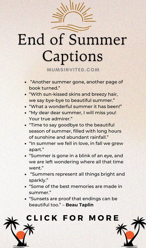 Looking for the perfect end-of-summer Instagram caption? Check out these funny, cute, and aesthetic options that capture the memories, thoughts, and feelings of August and September. Whether you're a teacher, a friend, or just feeling nostalgic, these short and sweet captions are sure to inspire your next post! Click to read these inspiration for the perfect August goodbye whether it's about those precious memories with friends, the final days of vacation, or a teacher's farewell to summer break Summer Memories Quotes, Short And Sweet Captions, Written Aesthetics, Hello Fall Quotes, End Of Summer Quotes, Goodbye Summer Hello Fall, Aesthetic Options, Summer Quotes Instagram, Summer Instagram Captions