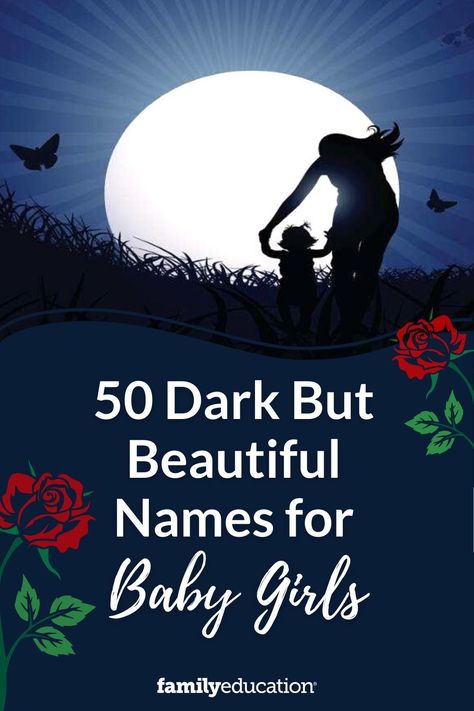 If you like all things witchy, dark, and maybe a little Gothic, this is the list of beautiful baby girl names for you. #babynames Goth Girl Names List, Evil Female Names, Names That Mean Black, Goth Names Girl, Dark Feminine Names With Meaning, Beautiful Words With Dark Meanings, Names Meaning Darkness, Female Names With Dark Meanings, Dark Female Names With Meaning