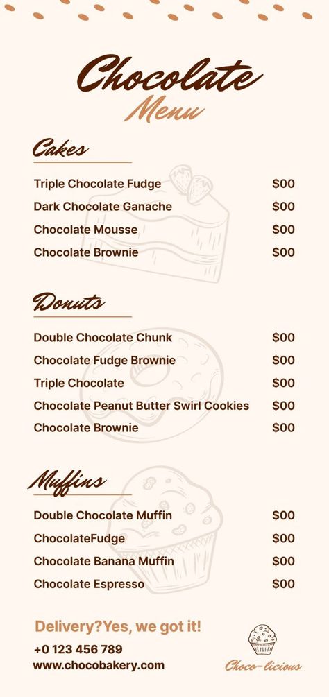 Linear Hand-drawn Choco-licious Bakery Menu Brownie Menu Design, Christmas Bakery Menu Ideas, Cookie Menu Design Ideas, Cookie Menu Design, Home Bakery Menu Ideas, Dessert Menu Design Ideas, Bakery Menu Ideas, Bakery Menu Design, Bakery Menu Template