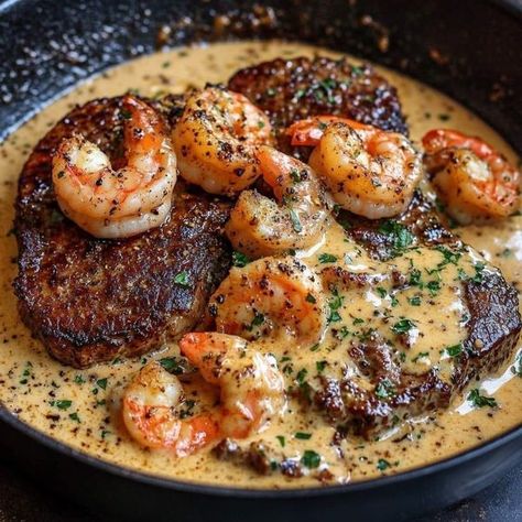 Grandma's Recipes | Steak in Creamy Cajun Shrimp Sauce | Facebook Steak And Seafood Recipes, Birthday Dinner Meals, Steak And Shrimp Dinner Ideas, Steak And Prawns, Upscale Recipes, Carla Hall Recipes, Steak And Shrimp Recipes, Savory Food Recipes, Dinner Meals For Two