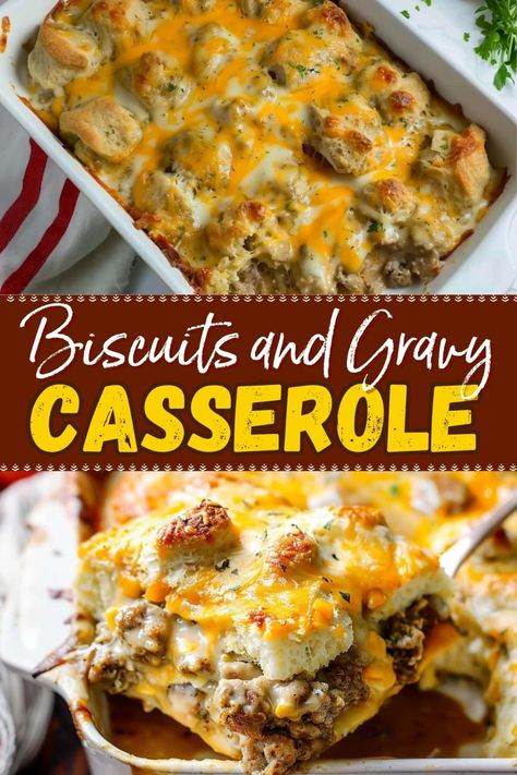 Biscuits and gravy casserole is the ultimate comfort food! It's loaded with eggs, sausage, gravy, cheese, biscuits, and tons of goodness! Hashbrown Biscuits And Gravy Casserole, Biscuits And Gravy Hashbrown Breakfast Casserole, Brunch Savory, Sausage Gravy Casserole, Brunch Casseroles, Easy Biscuits And Gravy, Best Biscuits And Gravy, Gravy Casserole, Sausage Gravy And Biscuits