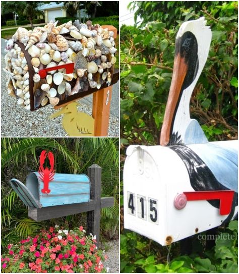 25 Awesome & Unique Coastal & Nautical Mailboxes & Mailbox Art | DIY & Shop Lighthouse Mailbox Diy, Surfboard Mailbox Ideas, Nautical Mailbox Ideas, Oyster Mailbox, Coastal Mailbox, Nautical Mailbox, Beach Mailbox, Mailbox Art, Recycle Bottles