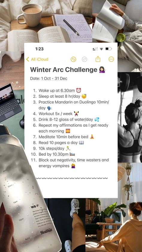 Winter arc plan Glow Up Winter, Before New Year, 10k Steps, Create Healthy Habits, Winter Wellness, Winter Arc, Exam Motivation, 90 Day Challenge, Happiness Challenge