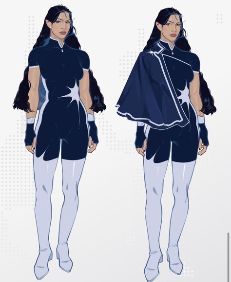 Feminine Superhero Suit, Moon Superhero Suit Female, Nature Superhero Suit, Super Hero Outfit Ideas, Ice Hero Costume Design, Capes Drawing, Hero Suit Concept Art, Water Superhero Outfit, Blue Hero Costume