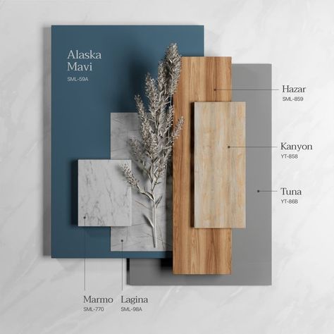 Light Grey And Blue Color Palette, Material Board Layout, Color Palette Home Interior, Material Board Interior Design, Interior Design Color Palette, Natural Modern Interior, Interior Design Blue, Blue And Wood, Material Color Palette