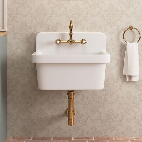 DeerValley DV-1K0137 24 Inch Wall Mounted High White Kitchen Sink White Fireclay Utility Sink Ceramic Laundry Sink Wall Mount Bathroom Sink - Amazon.com Wall Mounted Sink Bathroom, Small Powder Room Sink, Wall Mount Sink Bathroom, Slop Sink, Kitchen Sink White, Outside Sink, Powder Room Sink, Small Laundry Sink, White Kitchen Sink