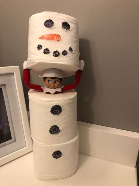 2019 Day 20: Cocoa the Scout Elf made himself a snowman disguise out of toilet paper Elf On Shelf Pooping, Elf On The Shelf Toilet, Toilet Paper Snowman, Toilet Paper Holder Shelf, Paper Snowman, Shelf Toilet, Elf Toy, Trendy Interior Design, Awesome Elf On The Shelf Ideas