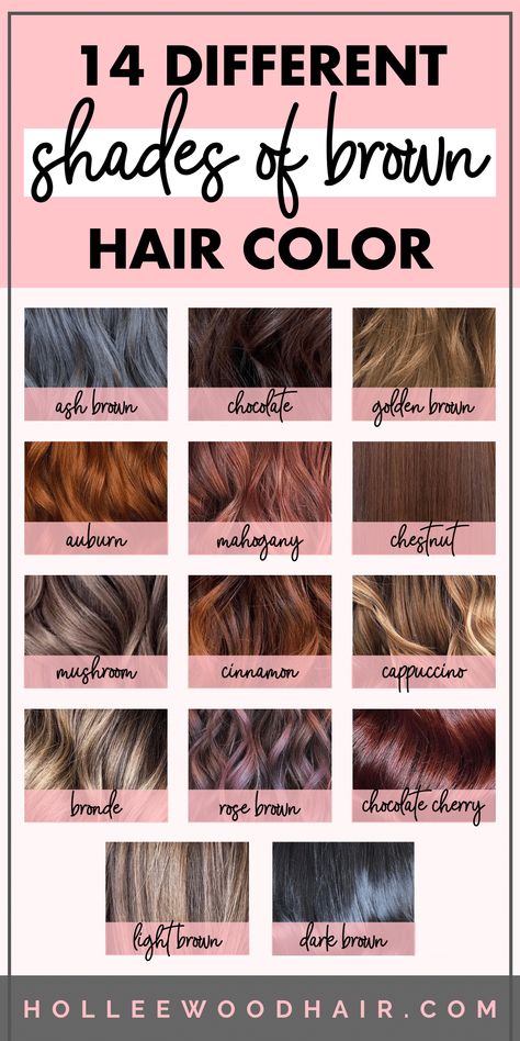 Everyone knows that brunettes do it better, right? But what's the difference between ash brown and mushroom brown hair color? What about brunette hair with highlights vs. multi-dimensional balayage? This shades of brown hair color chart will help you see the difference. These 14 different shades of brown hair dye will blow your mind... #brunette #brownhair #brownhaircolor #haircolor Shades Of Highlights Brunettes, Good Hair Colours For Brunettes, Different Hair Dye Styles Brown, Shades If Brown Hair Color, Hair Color Shades Of Brown, Mushroom Brown Hair Color Box Dye, Hair Colors Brown And Blonde, Colors That Go With Brown Hair, Ash Brown Vs Mushroom Brown