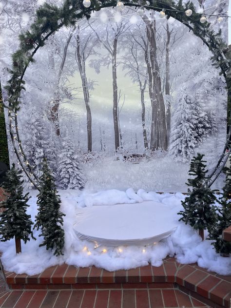 Life Size Snow Globe Photo Booth Diy, Winter Wonderland Archway, Diy Snowglobe Photo Booth, Snowglobe Backdrop, Winter Wonderland Banquet, Snowglobe Photo Booth, December Party Themes, Winter Wonderland Office Decorations, Snow Party Decorations