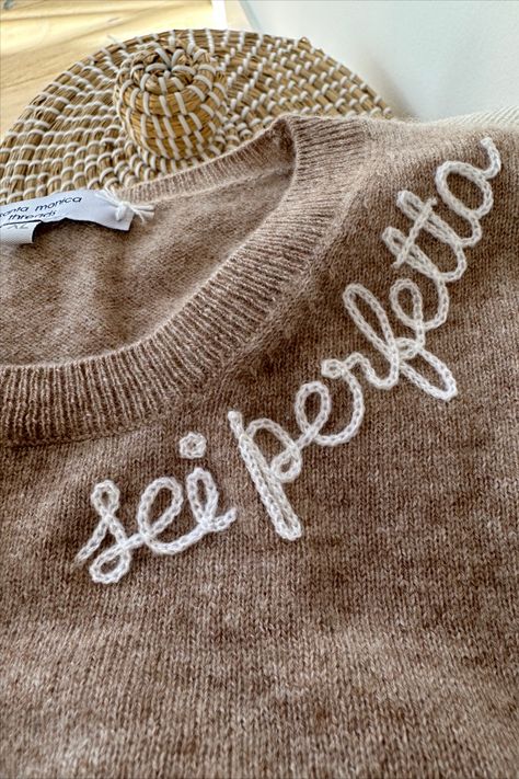 Name Embroidery On Sweaters, Embroidered Bachelorette Gifts, Sweater Name Embroidery, Chain Stitch Name Sweater, Name Embroidered Sweater, Hand Embroidered Name Sweater, Party Names, Bachelorette Ideas, Mother Of Bride