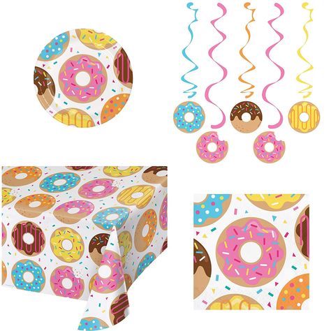 Amazon.com: Donut Time Party Supply Bundle Serving 16 People Including Plates, Napkins, Table Cover and Danglers: Toys & Games Donut Sprinkle, Donut Party Supplies, Doughnut Party, Party Supply Kits, Colorful Donuts, Donut Birthday Parties, Cute Donuts, Ribbon Banner, Plastic Table Covers