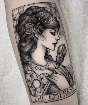 Queen Of Swords Tattoo, Empress Tattoo, Tarot Tattoos, Swords Tattoo, Queen Of Swords, Medusa Tattoo Design, Empress Tarot Card, Tarot Tattoo, Tarot Card Tattoo