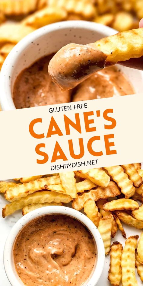 Tangy with a hint of sweet and spicy all at once, this copycat Raising Cane's sauce recipe is the perfect dipping sauce - for chicken fingers, chicken tenders or fries! Learn how to make this DIY Cane's sauce at home in just minutes! Totally gluten-free and dairy-free too. Raising Cane Sauce Recipe, Spicy Sauce Recipe, Secret Sauce Recipe, Canes Sauce, Canes Chicken, Gluten Free Sauces, Dipping Sauces For Chicken, Homemade Sauce Recipes, Diy Cooking