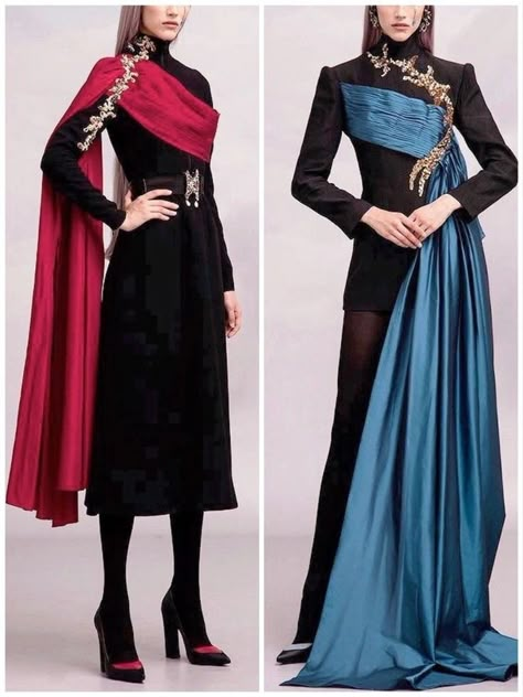 Queen Dress With Cape, Winter Formal Dresses Elegant, Colorful Fashion Runway, Modern Fantasy Clothing Casual, Dnd Style Clothes, Feminine Fantasy Outfits, Villainess Outfit Ideas, Art Deco Outfit Casual, Colorful Fantasy Outfits