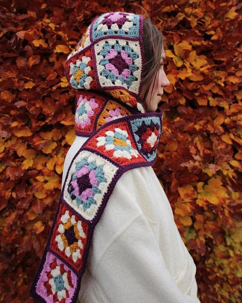 - | Knitting for me is a process of observation, leveling of the state - something similar to meditation. www.banduragoods.com | Instagram Colorful Crochet Hat, Crochet Scarf Granny Square, Head Scarf Winter, Knitted Mask, Head Scarf Fashion, Balaclava Granny Square, Granny Square Balaclava, Autumn Market, Crochet Balaclava