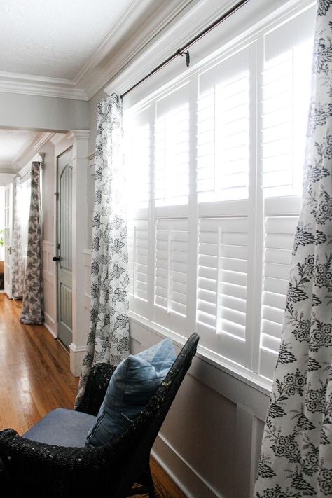 Plantain Shutters With Curtains, Dining Room Shutters, Interior Shutters With Curtains, Shutters With Curtains Living Room, Shutters Interior Window Living Room, White Shutters Living Room, Shutters And Curtains Together, Interior Shutters Living Room, Shutters In Living Room