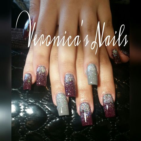 @nailedbyvee gray nails maroon nails glitter Burgundy Nails With Silver French Tips, Grey And Maroon Nails, Gray And Maroon Nails, Burgundy And Grey Nails, What Color Goes With Burgundy, Burgundy And Silver Nails, Nails Maroon, Nails Gray, Grey Nail Art