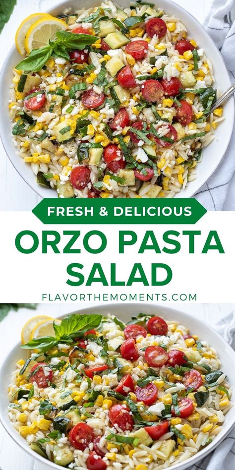 Orzo Pasta Salad is summer in a bowl! It's packed with corn, cherry tomatoes, zucchini and basil, and it's tossed in a tangy lemon salad dressing. It's an easy side dish recipe that's perfect for barbecues and potlucks! #vegetarian #summer #pastasalad Lemon Orzo Pasta Salad, Lemon Orzo Pasta, Lemon Salad Dressing, Lemon Recipes Easy, Summer Potluck Recipes, Lemon Salad Dressings, Tomato Pasta Salad, Lemon Salad, Lemon Orzo