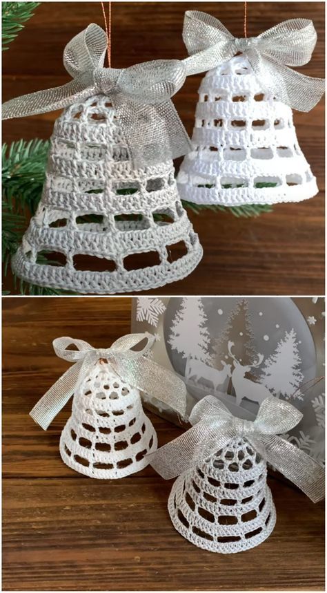 Crochet Beautiful Bells For Christmas - We Love Crochet Crochet Bells Pattern Free, Crochet Christmas Bells Pattern Free, Crochet Christmas Decorations Free, Crochet Bells, Crocheted Ornaments, Crochet Bedsheets, Wedding Charms, Xmas Bells, Crochet Patterns Ideas