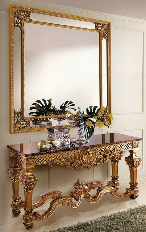 Console Table #designerdressingtable #dressingtableswithmirrorandstool #dressingtablewithmirror #vintagedressingtable #antiquedressingtable #dressingtablewithlights #cornerdressingtable Console Mirror, Modern Foyer, Dark Emperador, Emperador Marble, Marble Console Table, Console Table Decorating, Marble Console, Luxury Furniture Design, Mirrored Console Table