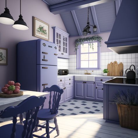 Created with Midjourney AI Waiting Room Shifting Kitchen, Kitchen Ideas Purple, Purple Kitchen Cabinets Modern, Purple Aesthetic Kitchen, Purple Modern Kitchen, Kitchen Purple, Purple House, Purple Kitchen, Loft Interiors