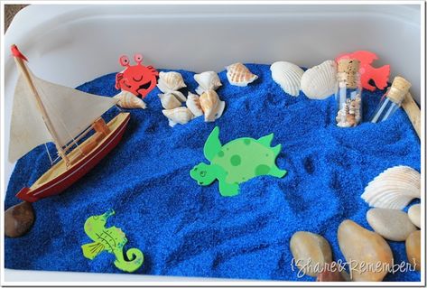 Sensory Play Sand Sensory Bin, Ocean Sensory Bin, Ocean Sensory, Ocean Theme Preschool, Sensory Tubs, Sensory Tub, Ocean Sand, Sensory Boxes, Sensory Table