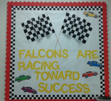 Racing toward success! Disney Cars Classroom Theme, Race Theme Classroom, Race Car Bulletin Board Ideas, Dr Seuss Classroom Theme, Preschool Transportation Crafts, Race Theme, Preschool Transportation, Dr Seuss Classroom, Bullentin Boards