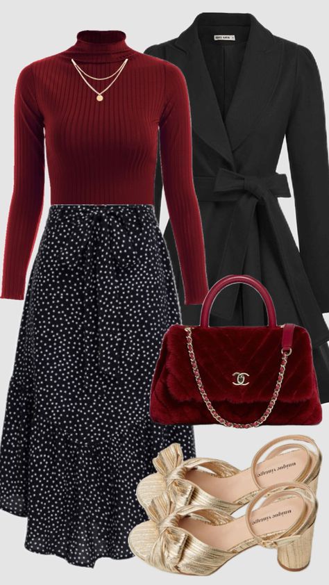 #redandblack #redaesthetic #skirt #fancy #glam #modestfashion #gold #churchoutfit #christiangirl #holiday #christmas #winteroutfit #outfitinspo #burgundy Modesty Outfits, Cute Modest Outfits, Modest Fashion Outfits, Fall Fashion Outfits, Business Casual Outfits, Girly Outfits, Casual Style Outfits, Mode Inspiration, Look Chic