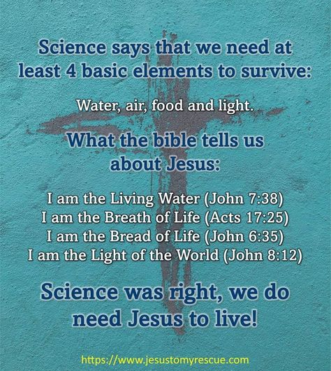 So science was right, we ALL need Jesus to survive!!! #science #scientist #scientific #weneedjesus #jesus #water #air #food #light #lightoftheworld #breadoflife #livingwater #breathoflife #bible #christian #motivation #jtmr #jtmrministries #jesustomyrescue God And Science, Bible Science, You Need Jesus, Scripture Writing, Online Bible Study, Christian Science, God Is Real, Christian School, Christian Motivation