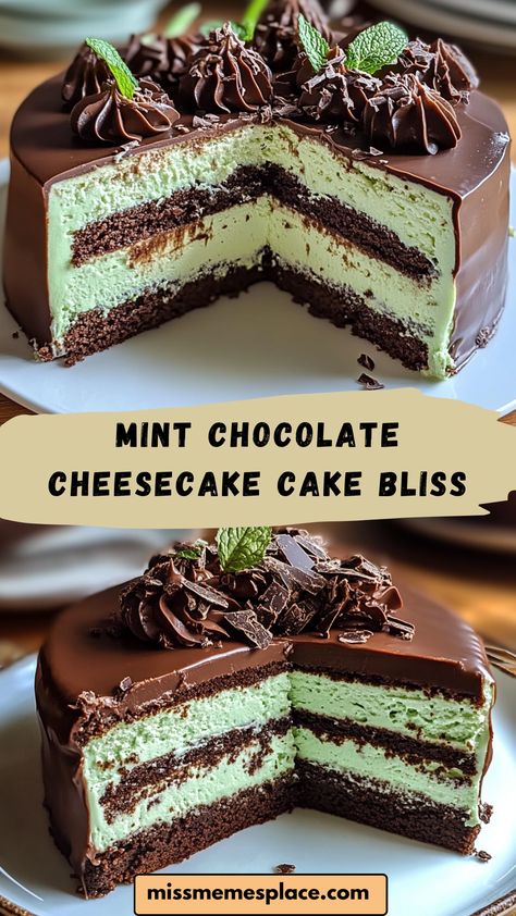 Indulge in the perfect blend of rich chocolate and refreshing mint with this Mint Chocolate Cheesecake Cake! Layered with creamy cheesecake and topped with a luscious mint chocolate ganache, this cake is a dream come true for dessert lovers. Ideal for special occasions or just because, this recipe combines all your favorite flavors into one delicious treat. Try this simple recipe today for a show-stopping dessert that everyone will love! Mint Cheesecake Bars, Mint Chocolate Cheesecake Recipes, Chocolate Mint Desserts, Mint Chocolate Chip Cheesecake, Chocolate Cheesecake Cake, Mint Chocolate Desserts, Mint Chocolate Cheesecake, Mint Desserts, Mint Cheesecake