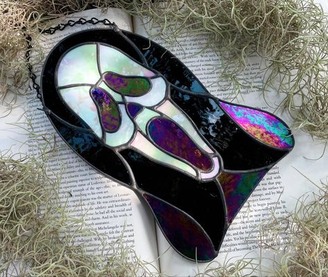 Spooky Suncatchers, Halloween Stained Glass Patterns, Mr Ghostface, Stained Glass Skull, Cat Stain, Stained Glass Patterns Free, Custom Stained Glass, Stained Glass Decor, Stained Glass Ornaments