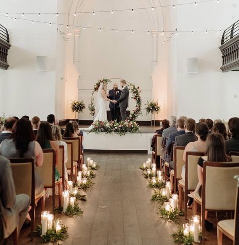 Ground Arrangements Wedding, Minimal Wedding Aisle Decor, Simple Church Wedding Decorations Aisle, Aisle Ground Arrangements, Church Ceremony Decorations, Small Church Wedding, Candlelit Wedding Ceremony, Wedding At Church, Church Wedding Decorations Aisle