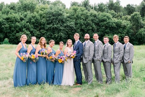 Dusty Blue Groomsmen Attire, Dusty Blue And Gray Wedding, Dusty Blue Suit, Dusty Blue Wedding Party, Rustic Wildflower Wedding, Wedding Tuxes, Photography Bridesmaids, Wildflower Bouquets, Blue Groomsmen