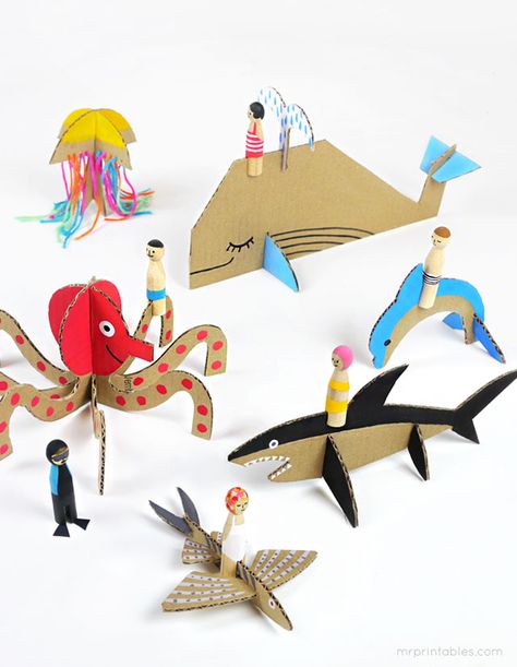 hello, Wonderful - CARDBOARD SEA CREATURES WITH FREE PRINTABLES Mr Printables, Cardboard Animals, Paper Toy, Cardboard Art, Paper Animals, Crafty Kids, Peg Doll, Sea Creature, Printable Templates