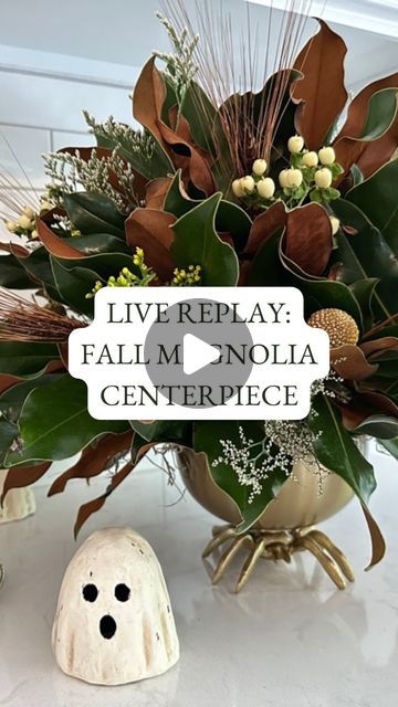 Magnolia Centerpiece Floral Arrangements, Faux Fall Floral Arrangements, Magnolia Flower Arrangement, Magnolia Leaves Christmas, Magnolia Arrangement, Halloween Candy Dish, Magnolia Centerpiece, Magnolia Bouquet, Dough Bowl Centerpiece