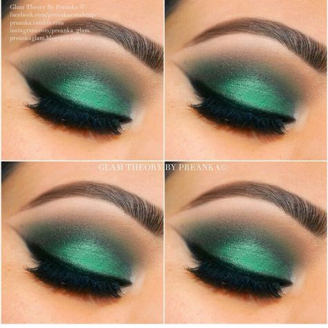 Green eyeshadow Green Eyeshadow Looks Tutorials, Emerald Green Eyeshadow Simple, Like Green Eyeshadow, Emerald Green And Black Eyeshadow, Alluring Makeup, Green Black Silver Eye Makeup, Green Eye Makeup, Green Eyeshadow Look, Hair Colour For Green Eyes