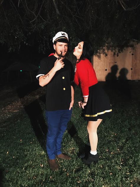 Popeye & Olive Oyl Halloween Couples Costume  #popeye #oliveoil #oliveoyl #couples #halloween Betty Boop And Popeye Costume, Popeyes And Olive Costume, Popeye And Olive Oil Costume Couple, Popeye The Sailor Man Costume, Popeye And Olive Oyl Costume Diy, Olive And Popeye, Popeye Costume, Popeye Olive, Halloween Couples Costume