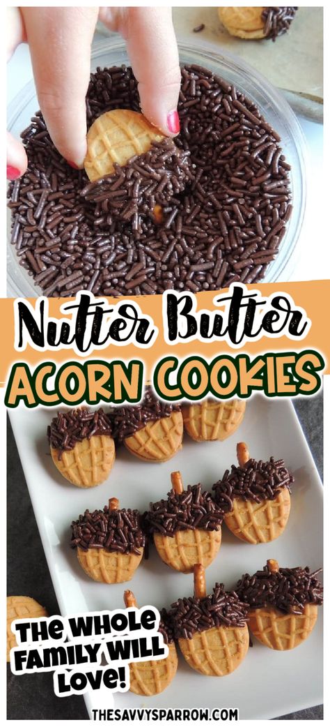 Pie Recipes No Bake, Cute Fall Treats, Fall Treats To Make, Nutter Butter Acorn Cookies, Easy Thanksgiving Cookies, Nutter Butter Acorns, Cake Recipes Homemade, No Bake Cookie Recipes, Cookie Recipes Thanksgiving