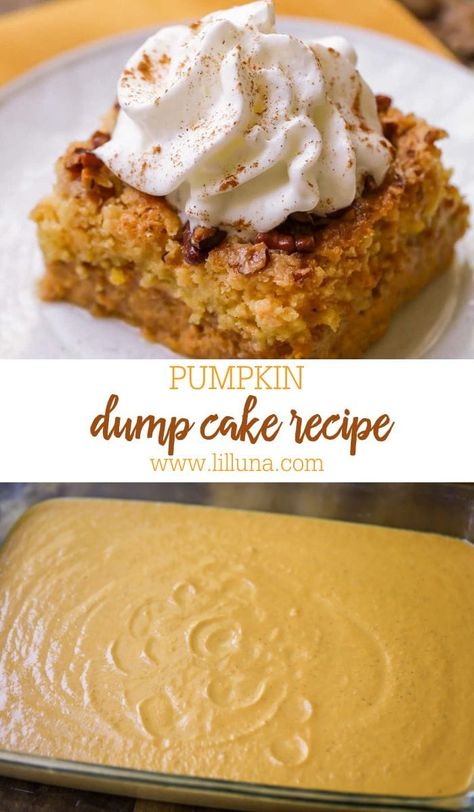 Simple and delicious pumpkin dump cake preps in minutes. With so many spices and sweet flavors, it's perfect all fall long! #pumpkindumpcake #pumpkincake #dumpcake #pumpkindessert #pumpkin #cake #dessert Pumkin Dump Cake, Pumpkin Frappe, Spice Dump Cake, Company Recipes, Pumpkin Baking, Pumpkin Dump Cake Recipe, Spice Cake Mix And Pumpkin, Pumpkin Dump, Harvest Food