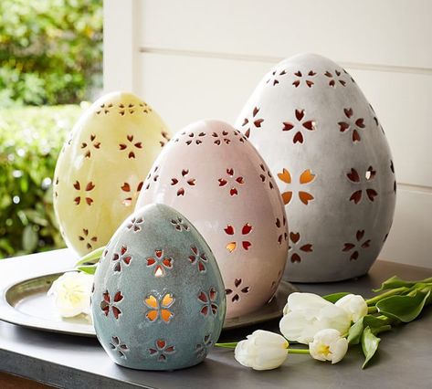 Pierced Ceramic Eggs - Hand-punched petal patterns softly glow when a flameless candle is placed underneath our clay eggs. Place several along the tabletop for an extra warm and cozy Easter meal. [ad] Vintage Easter Decor, Diy Osterschmuck, Easter Pottery, Easter Decor Ideas, Easter Figurine, Easter Entertaining, Easy Easter Decorations, Bunny Basket, Easter Decorations Vintage